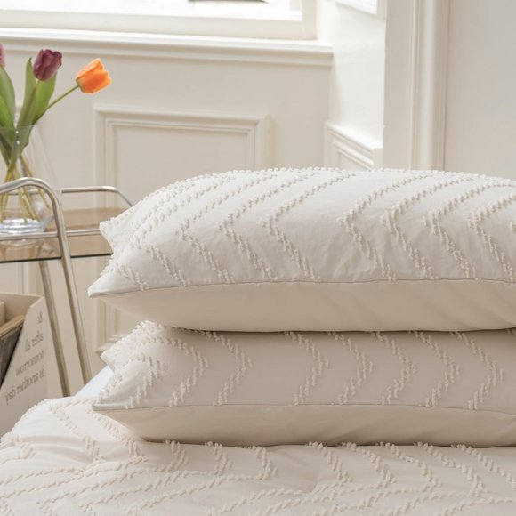 Chevron Tufted Cream Natural White Ivory Full Size Bed Zigzag 3 pc Comforter Set - Picture 7 of 12